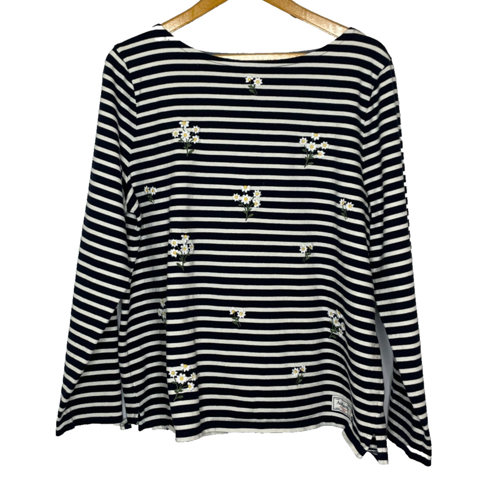 Women's XL Talbots Blue Stripe Floral Embroidered Long Sleeve Cotton Shirt